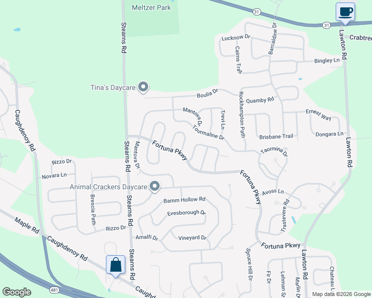 map of restaurants, bars, coffee shops, grocery stores, and more near 8102 Firenze Ln in Clay