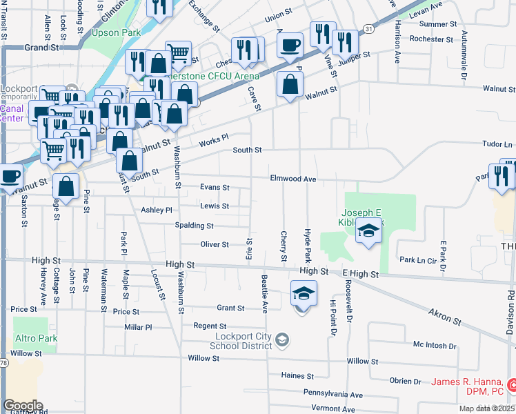 map of restaurants, bars, coffee shops, grocery stores, and more near 152 Erie Street in Lockport