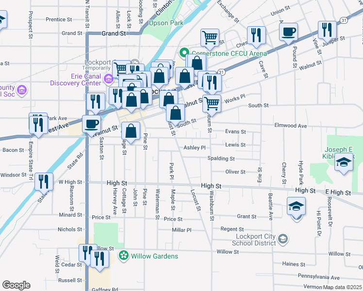 map of restaurants, bars, coffee shops, grocery stores, and more near 121 Locust Street in Lockport