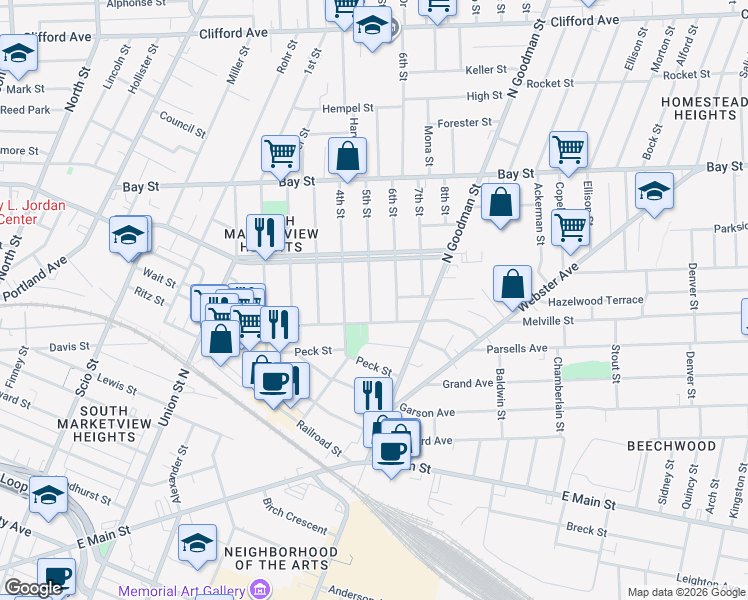 map of restaurants, bars, coffee shops, grocery stores, and more near 22 5th Street in Rochester