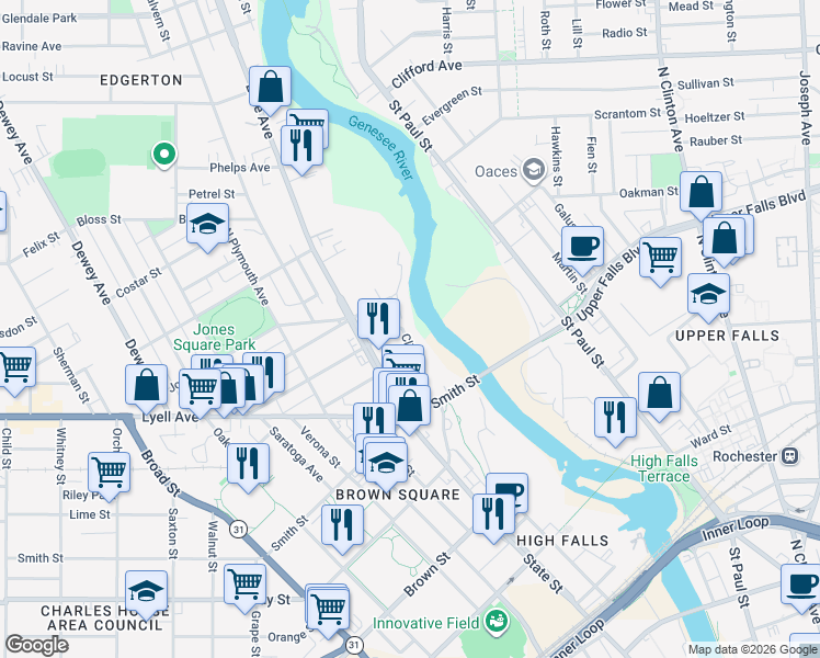 map of restaurants, bars, coffee shops, grocery stores, and more near 3 Spencer Street in Rochester