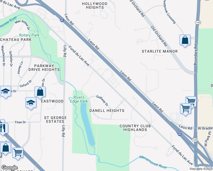 map of restaurants, bars, coffee shops, grocery stores, and more near N82 W13485 West Fond Du Lac Avenue in Menomonee Falls