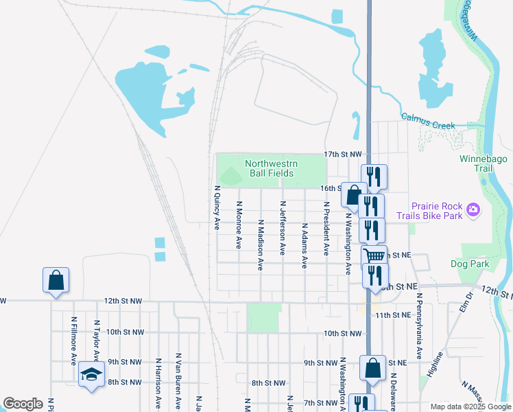 map of restaurants, bars, coffee shops, grocery stores, and more near 1520 North Madison Avenue in Mason City