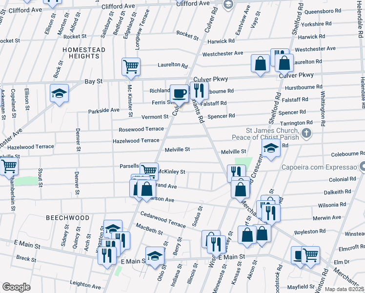 map of restaurants, bars, coffee shops, grocery stores, and more near 610 Melville Street in Rochester