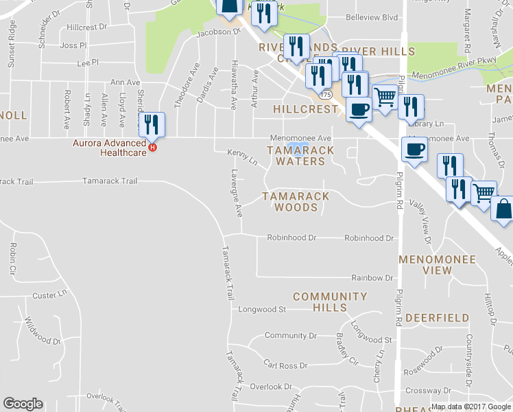 map of restaurants, bars, coffee shops, grocery stores, and more near N82W16325 Valley View Drive in Menomonee Falls