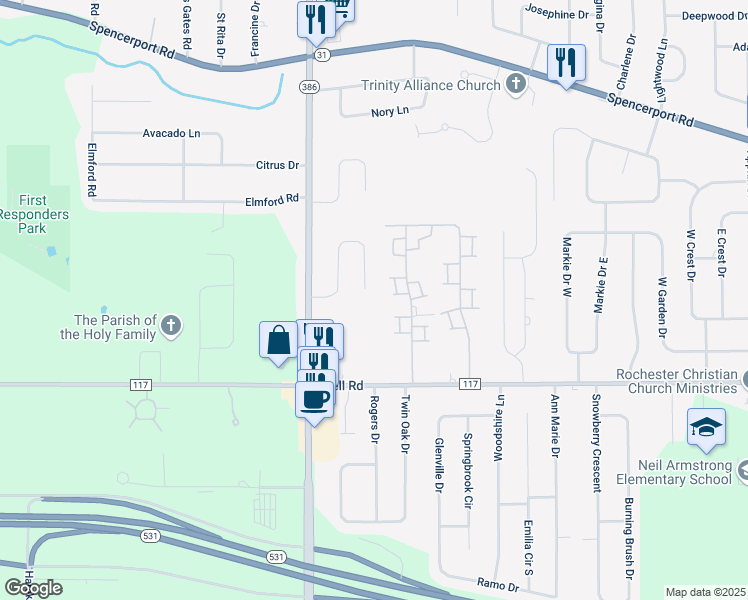 map of restaurants, bars, coffee shops, grocery stores, and more near 98 Landstone Terrace in Rochester