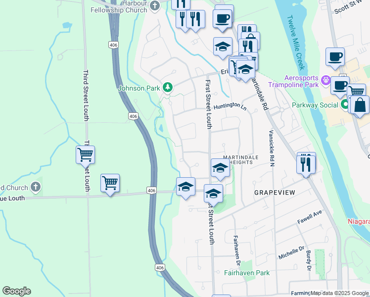 map of restaurants, bars, coffee shops, grocery stores, and more near 19 Dunbar Crescent in St. Catharines
