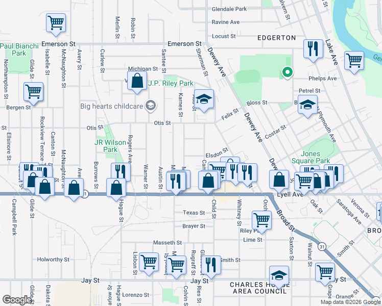map of restaurants, bars, coffee shops, grocery stores, and more near 107 Myrtle Street in Rochester