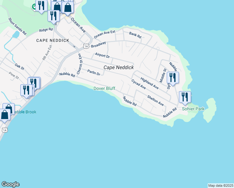map of restaurants, bars, coffee shops, grocery stores, and more near 91 Nubble Road in York