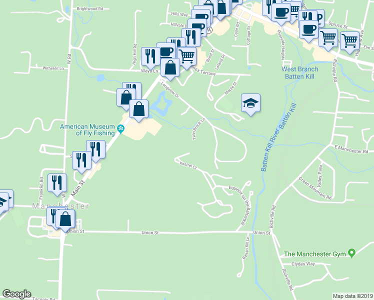 map of restaurants, bars, coffee shops, grocery stores, and more near 293 Kestrel Court in Manchester