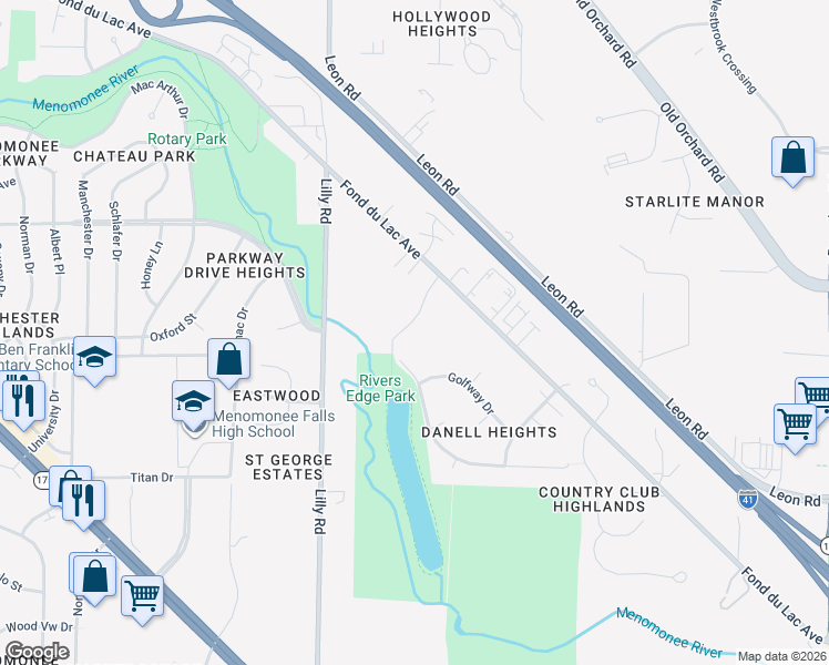 map of restaurants, bars, coffee shops, grocery stores, and more near W137N8244 Parkview Drive in Menomonee Falls