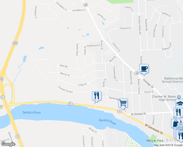 map of restaurants, bars, coffee shops, grocery stores, and more near 2284 Mercer Street in Baldwinsville