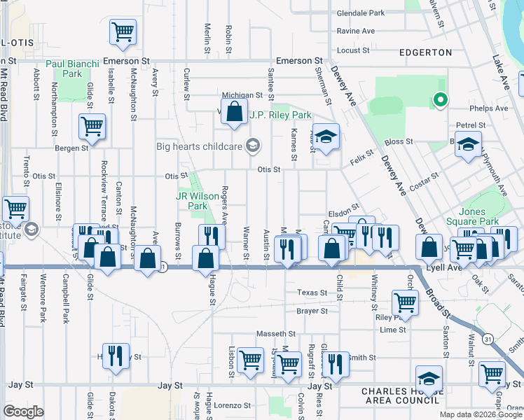 map of restaurants, bars, coffee shops, grocery stores, and more near 38 Austin Street in Rochester