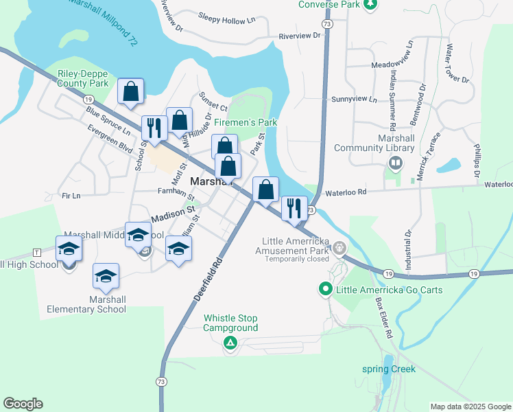map of restaurants, bars, coffee shops, grocery stores, and more near 114 East Main Street in Marshall