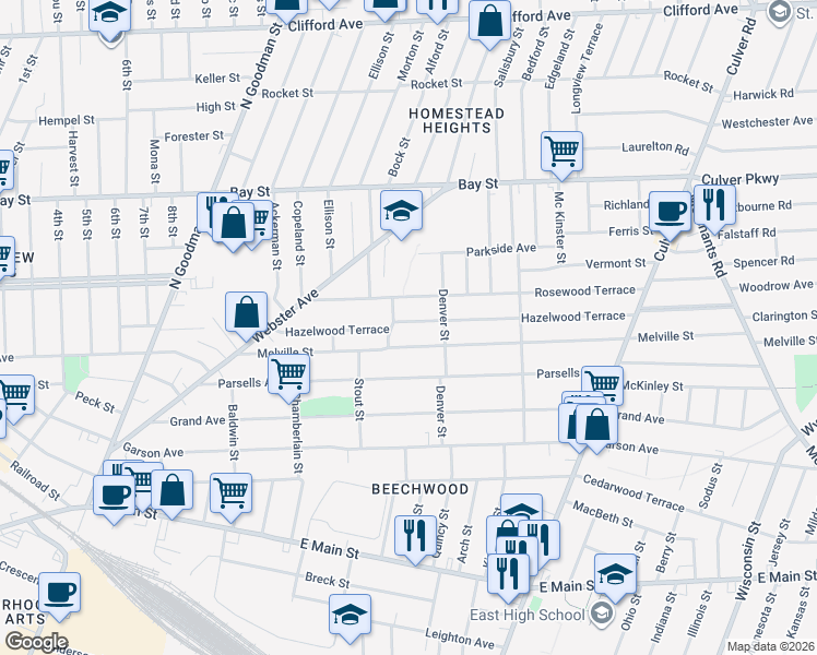 map of restaurants, bars, coffee shops, grocery stores, and more near 189 Hazelwood Terrace in Rochester