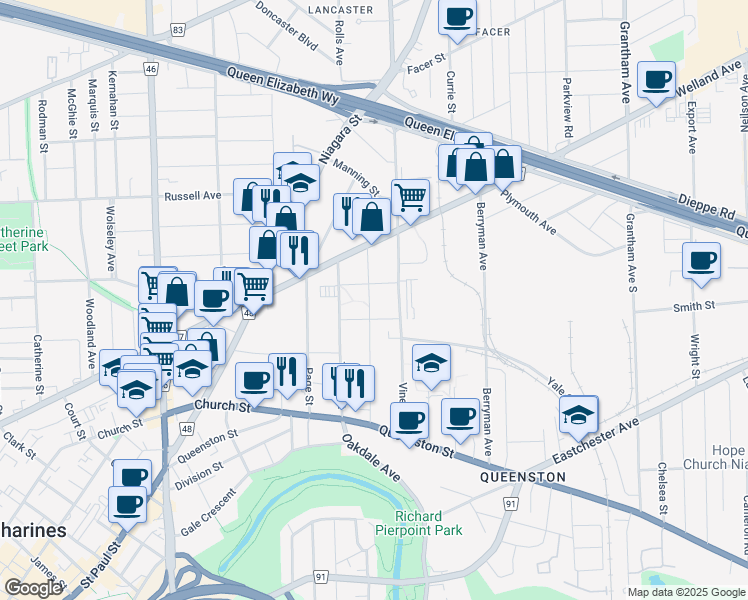 map of restaurants, bars, coffee shops, grocery stores, and more near 72 Haynes Avenue in Saint Catharines