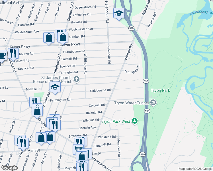 map of restaurants, bars, coffee shops, grocery stores, and more near 178 Colebourne Road in Rochester