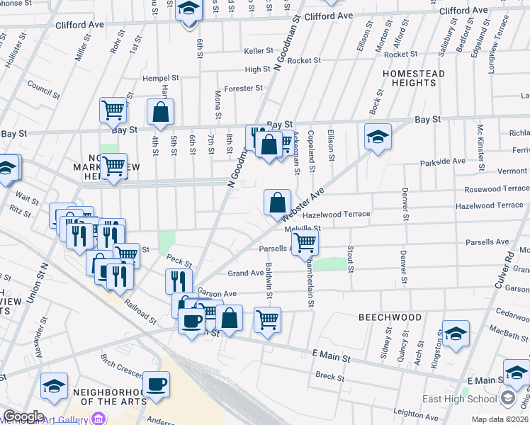 map of restaurants, bars, coffee shops, grocery stores, and more near 7 Lamont Place in Rochester