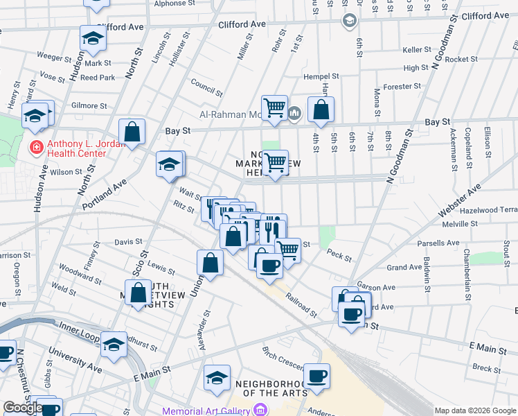 map of restaurants, bars, coffee shops, grocery stores, and more near 8 Niagara Street in Rochester