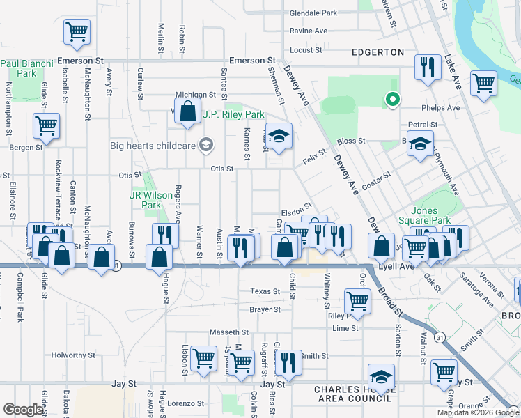 map of restaurants, bars, coffee shops, grocery stores, and more near 107 Myrtle Street in Rochester