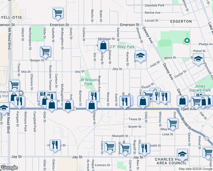 map of restaurants, bars, coffee shops, grocery stores, and more near 112 Warner Street in Rochester