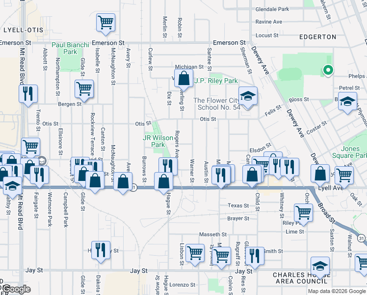 map of restaurants, bars, coffee shops, grocery stores, and more near 21 Rogers Avenue in Rochester