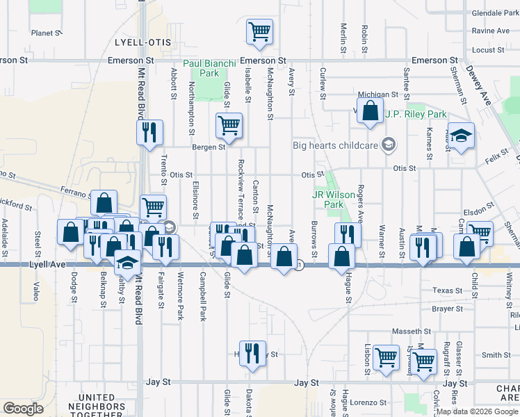 map of restaurants, bars, coffee shops, grocery stores, and more near 70 Canton Street in Rochester