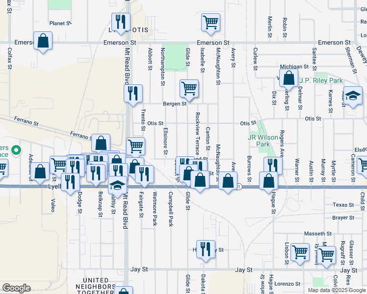 map of restaurants, bars, coffee shops, grocery stores, and more near 122 Sunset Street in Rochester