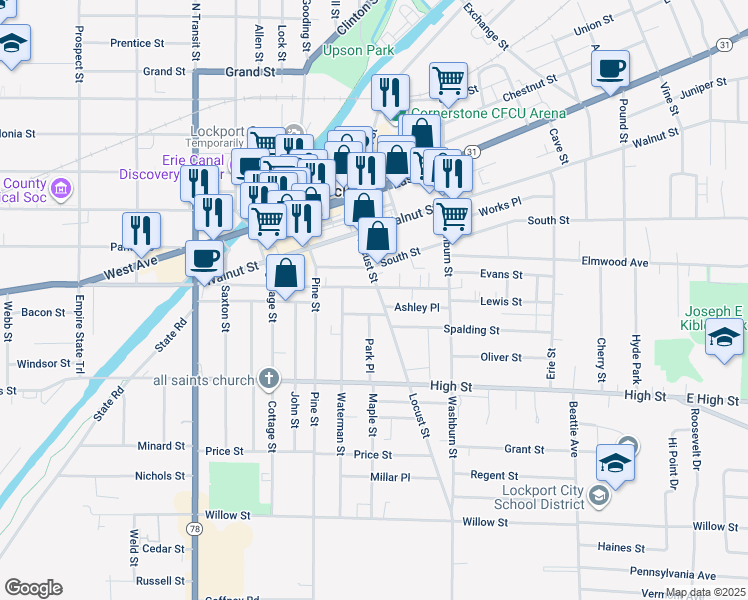 map of restaurants, bars, coffee shops, grocery stores, and more near 121 Locust Street in Lockport