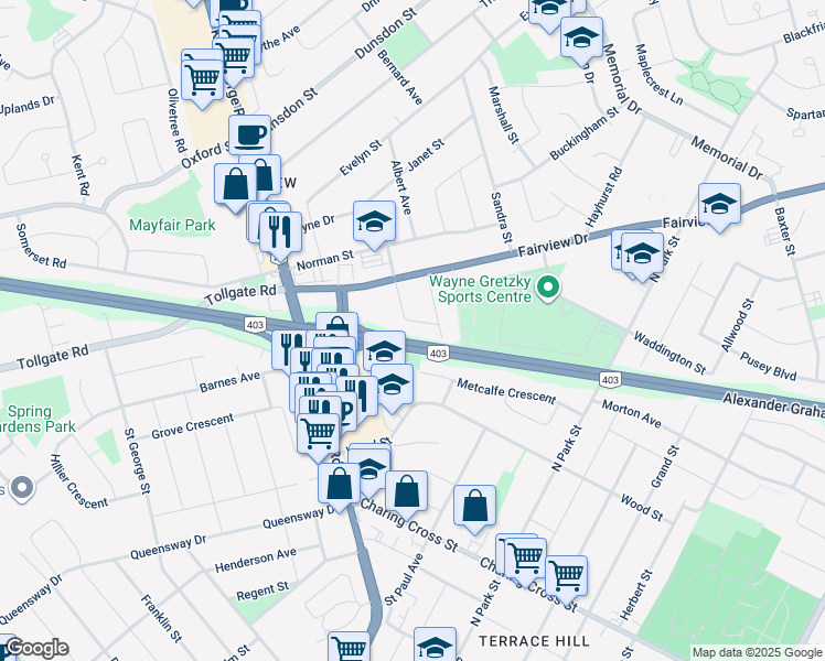 map of restaurants, bars, coffee shops, grocery stores, and more near 24 Willow Drive in Brantford