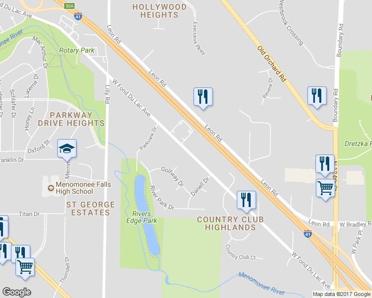 map of restaurants, bars, coffee shops, grocery stores, and more near N82W13360 West Fond Du Lac Avenue in Menomonee Falls