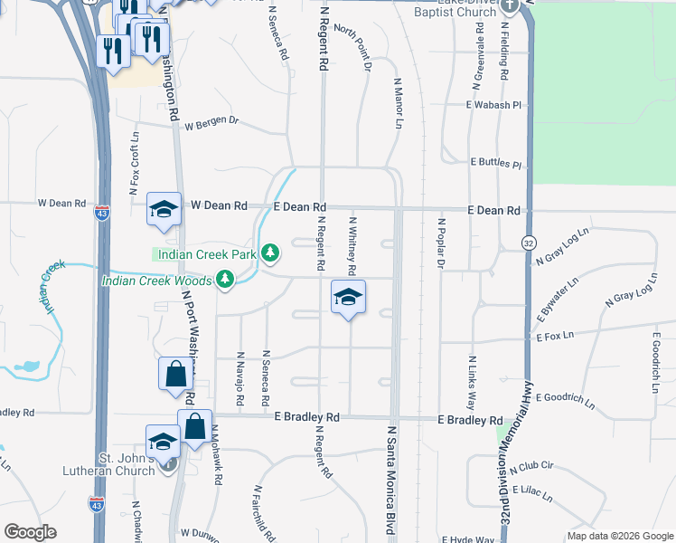 map of restaurants, bars, coffee shops, grocery stores, and more near 314 East Spooner Road in Fox Point