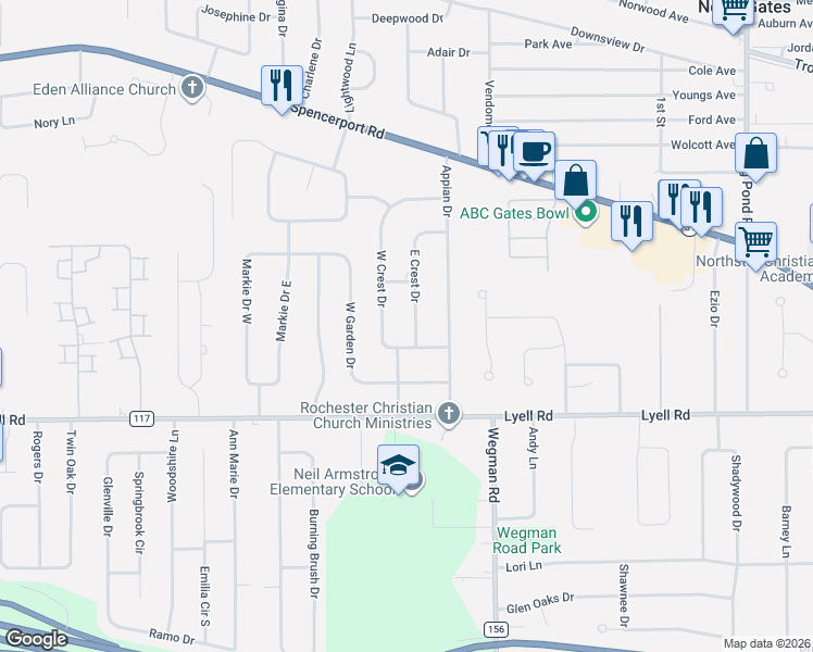 map of restaurants, bars, coffee shops, grocery stores, and more near 5 East Crest Drive in Rochester