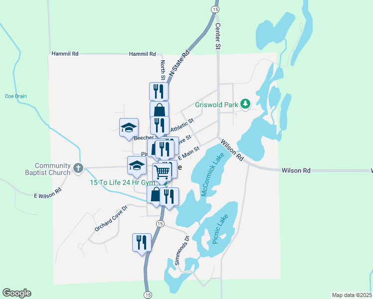map of restaurants, bars, coffee shops, grocery stores, and more near 145 East Main Street in Davison