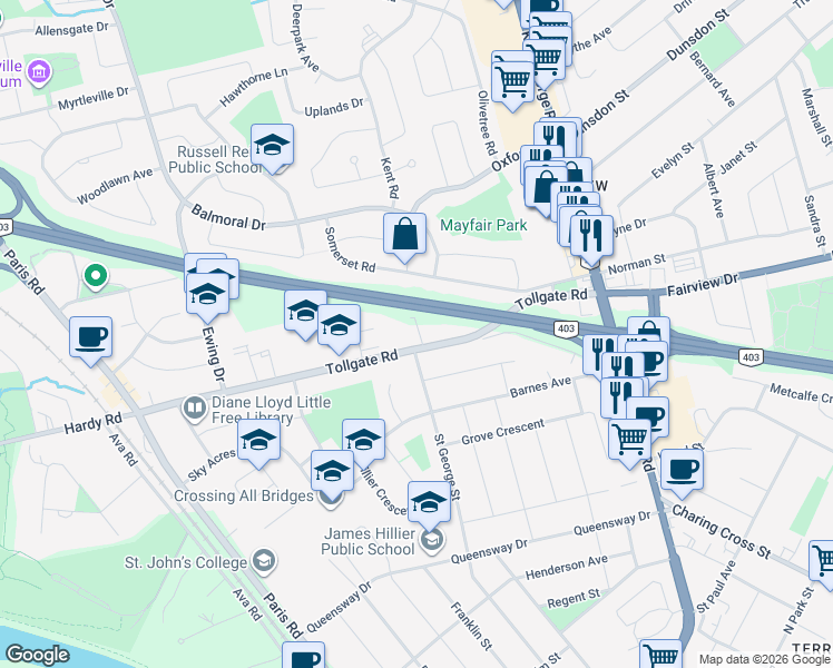 map of restaurants, bars, coffee shops, grocery stores, and more near 72 Tollgate Road in Brantford