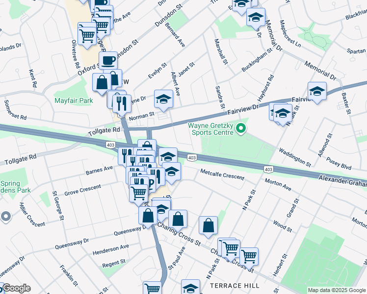 map of restaurants, bars, coffee shops, grocery stores, and more near 24 Willow Drive in Brantford
