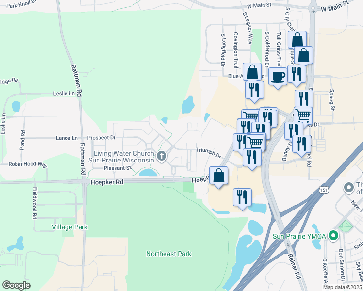 map of restaurants, bars, coffee shops, grocery stores, and more near 3036 Triumph Drive in Sun Prairie