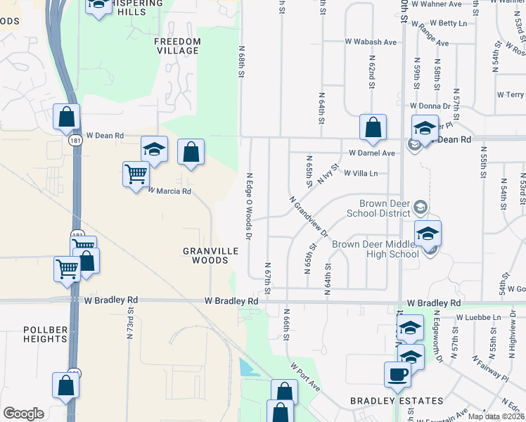 map of restaurants, bars, coffee shops, grocery stores, and more near 8187 North 67th Street in Brown Deer