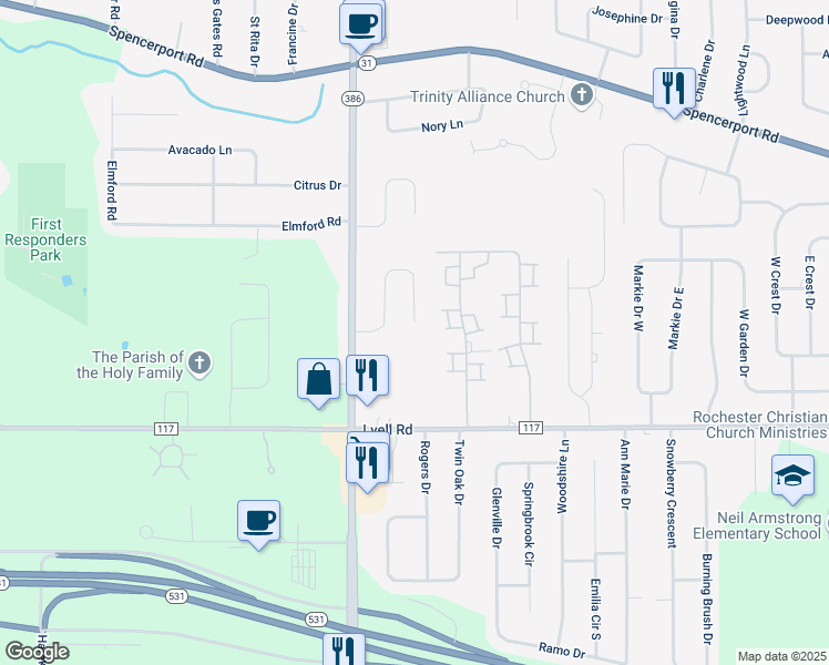 map of restaurants, bars, coffee shops, grocery stores, and more near 98 Landstone Terrace in Rochester
