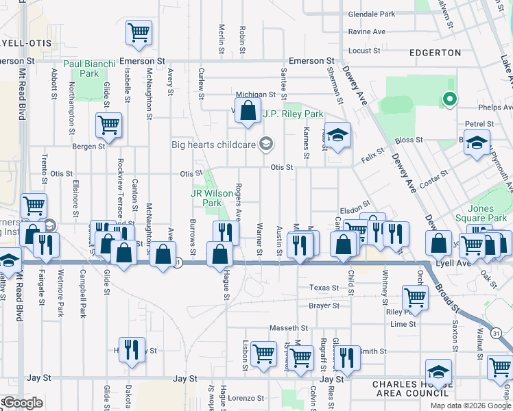 map of restaurants, bars, coffee shops, grocery stores, and more near 112 Warner Street in Rochester