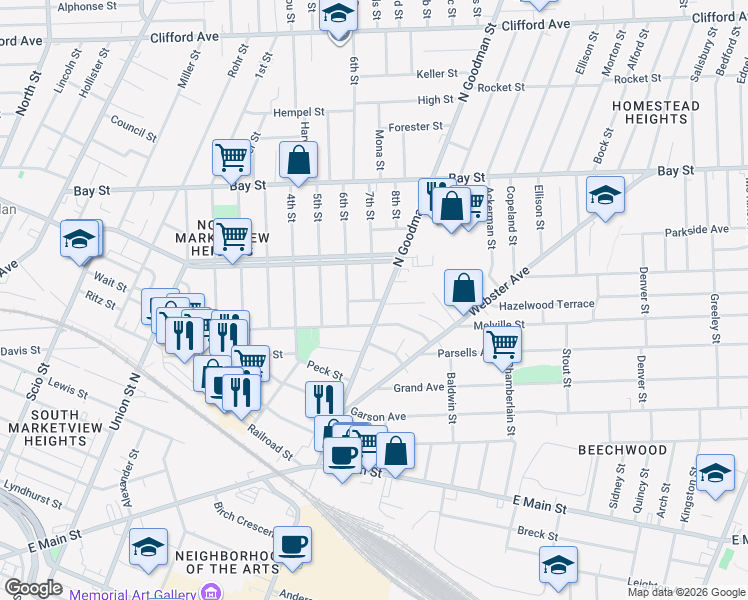 map of restaurants, bars, coffee shops, grocery stores, and more near 7th Street & Short Street in Rochester