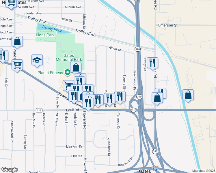 map of restaurants, bars, coffee shops, grocery stores, and more near 212 Rossmore Street in Rochester