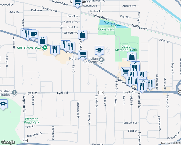 map of restaurants, bars, coffee shops, grocery stores, and more near 117 Jackrist Circle in Rochester