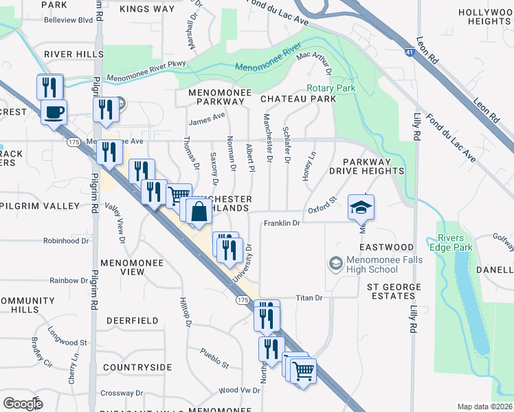 map of restaurants, bars, coffee shops, grocery stores, and more near N82W14767 Oxford Street in Menomonee Falls