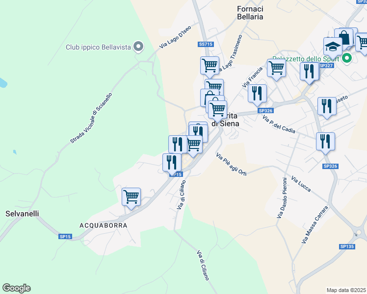 map of restaurants, bars, coffee shops, grocery stores, and more near 23 Via Baldassarre Peruzzi in Torrita di Siena