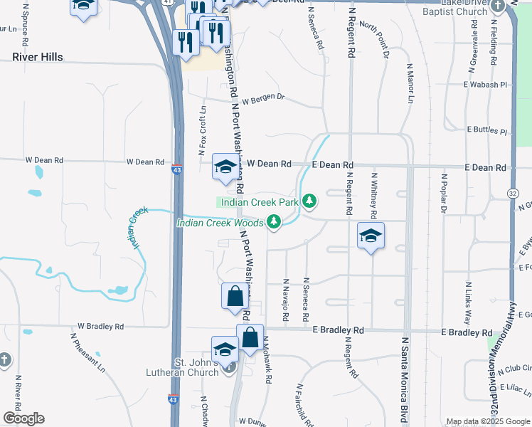 map of restaurants, bars, coffee shops, grocery stores, and more near 8324 North Indian Creek Parkway in Fox Point
