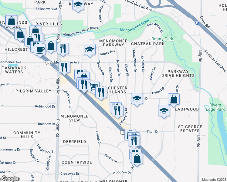 map of restaurants, bars, coffee shops, grocery stores, and more near W150N8213 Norman Drive in Menomonee Falls