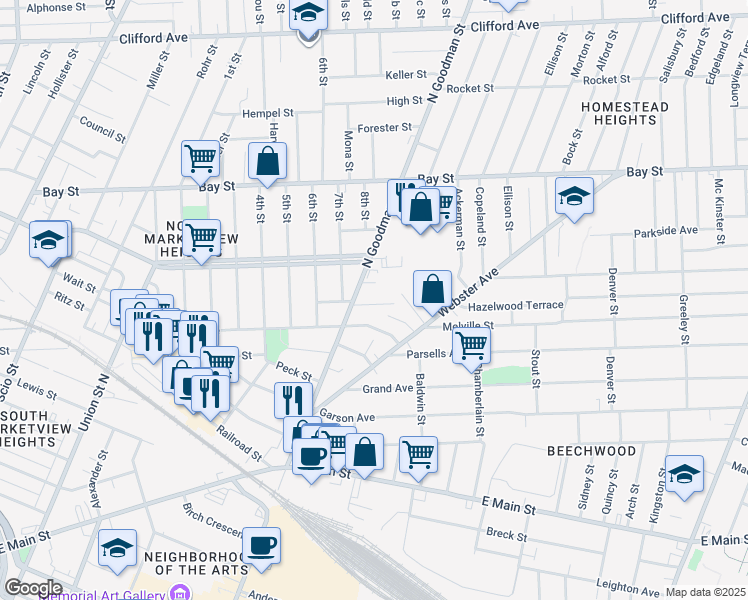 map of restaurants, bars, coffee shops, grocery stores, and more near 32 Diringer Place in Rochester