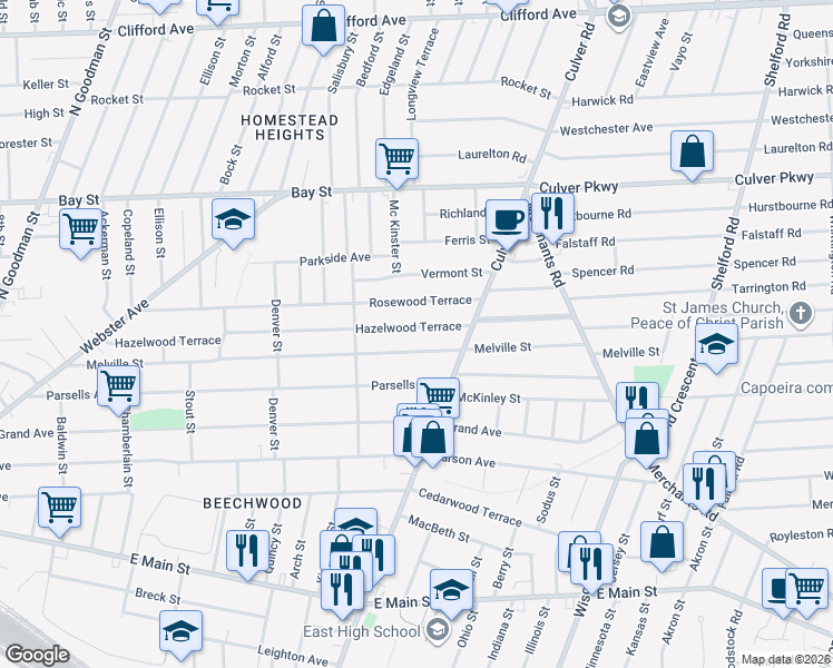 map of restaurants, bars, coffee shops, grocery stores, and more near 506 Melville Street in Rochester