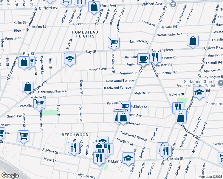 map of restaurants, bars, coffee shops, grocery stores, and more near 454 Melville Street in Rochester